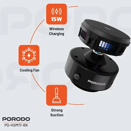 هولدر موبایل و شارژر بی سیم خنک کننده پورودو Porodo مدل PD-HSM17-BK توان 15 وات