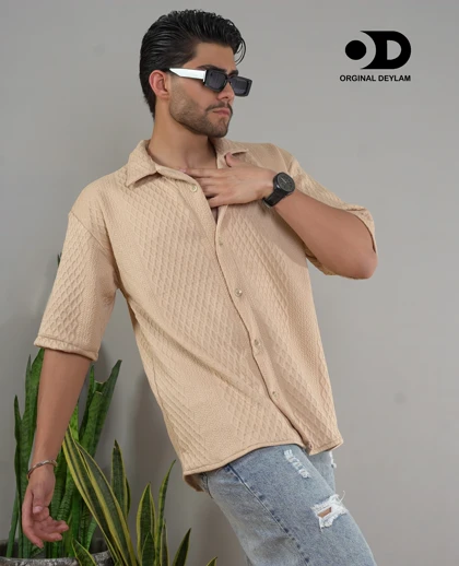 پیراهن لش یقه انگلیسی کرمی مردانه استایل اولد مانی تابستانی