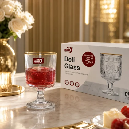 لیوان 6 عددی شفاف شربت خوری پایه دار لبه طلایی DELI