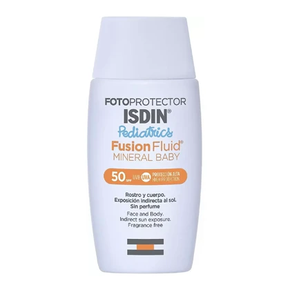 فلوئید ضد آفتاب مینرال کودک ایزدین Isdin مدل Mineral Baby SPF 50 حجم 50 میلی‌لیتر مناسب پوست حساس کودکان