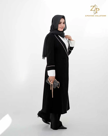 مانتو زنانه بلند مشکی جلوبسته کرپ هاندس