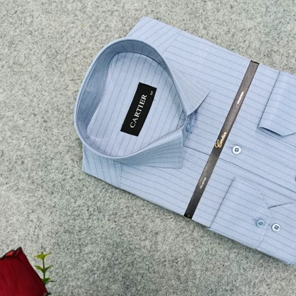 پیراهن مردانه استین بلند سایز M تا 2XL پیراهن کلاسیک طرح راه راه رنگ ابی پیراهن مردانه رسمی CC3