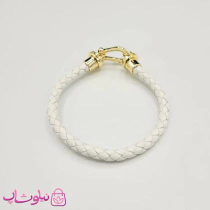 دستبند زنانه برند فرد Fred مدل چرم سفید با قفل طلایی نگین‌دار استیل کیفیت مستر کد 680