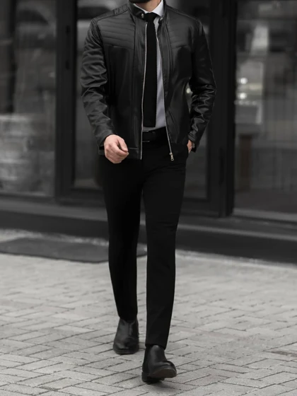 کاپشن چرم مشکی کلاسیک کارلوتی کد j116