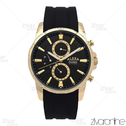 ساعت الکسا پریمیر A0102 مردانه سه موتوره قاب طلایی بند رابر مشکی 106210