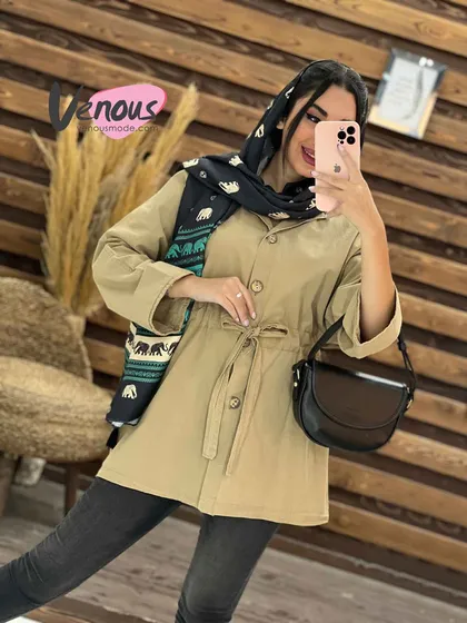 مانتو لینن کمرگت دکمه چوبی