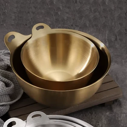 کاسه استیل تک دسته گرد و گود طلایی