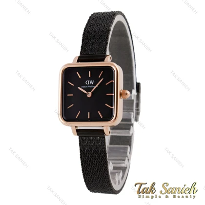 ساعت دی دبلیو زنانه مربعی رزگلد بند حصیری مشکی DW-5733-L