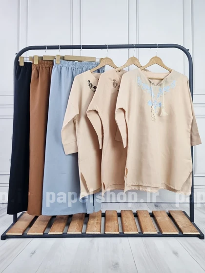 ست تونیک و شلوار لینن یقه گلدوزی