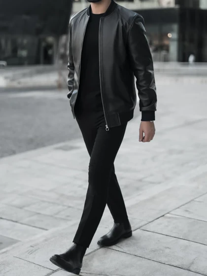 کاپشن چرم طبیعی مشکی j151