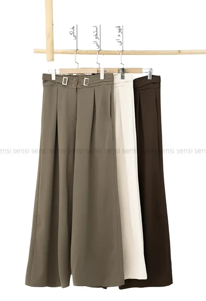 شلوار کتان کج راه سگک نما کد1004537