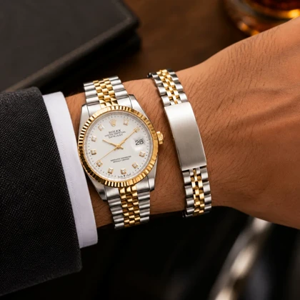 پکیج ساعت رولکس مردانه مدل Date Just-طلایی + دستبند Rolex مدل Date Just