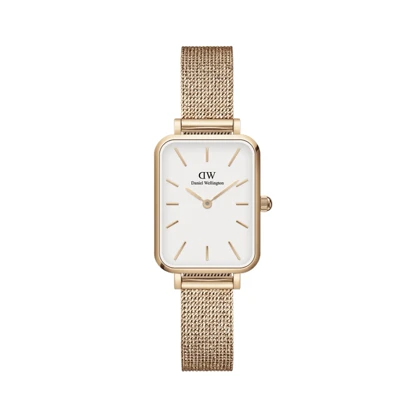 ساعت دنیل ولینگتون حصیری زنانه رزگلد صفحه مستطیل سفید Daniel Wellington Rosegold