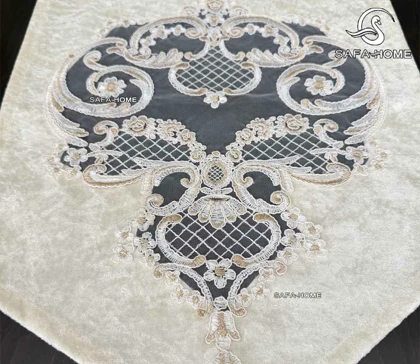 رومیزی 4 تکه مخمل دانتل گل برجسته سلطنتی