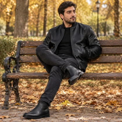 پکیج کت چرم مردانه مدل Artim + نیم بوت مردانه مشکی مدل Rad