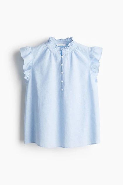 بلوز لینن آستین چین‌دار دکمه سفید H&M271