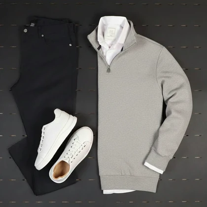 پکیج دورس مردانه نیم زیپ مدل Behbod-طوسی + پیراهن مردانه سفید VQ