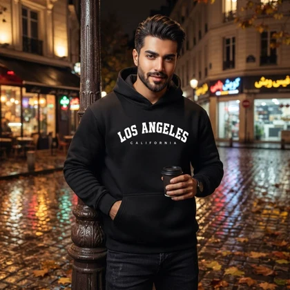 هودی کلاهدار و جیب‌دار مردانه زنانه مدل Los Angeles-مشکی