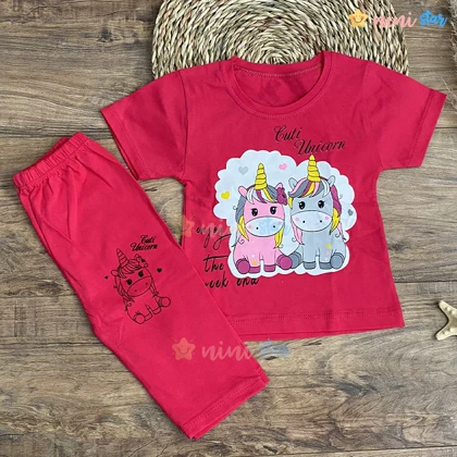 تیشرت شلوار دخترانه طرح تک شاخ صورتی