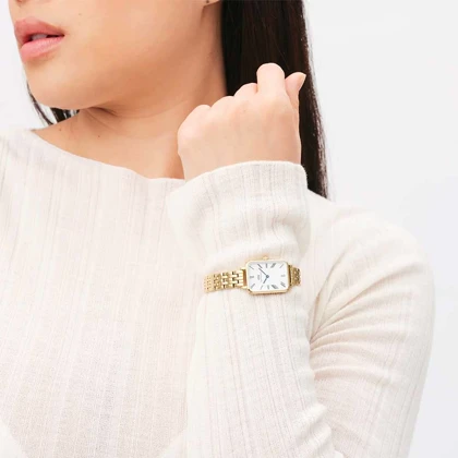 ساعت DW زنانه مستطیلی بند فلزی طلایی سفید ایندکس یونانی DW-5521-L