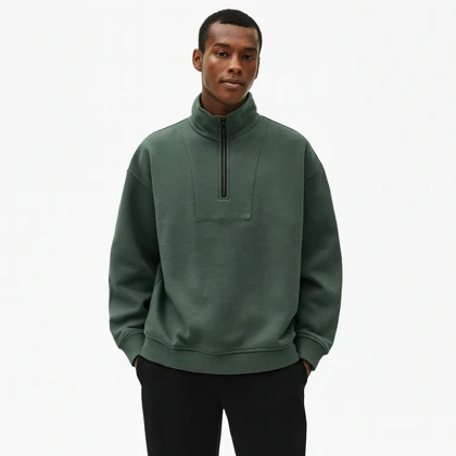 دورس نیم زیپ ساده رنگ سبز پارچه سه نخ تو کرکی استایل شیک و مینیمال کد 5002