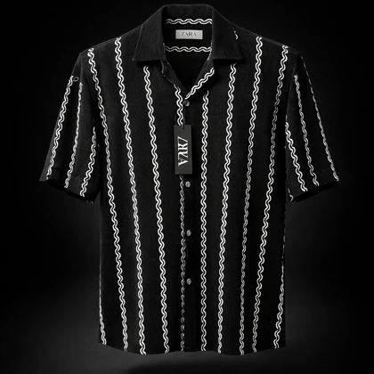 پیراهن مراکشی یقه انگلیسی راه راه مشکی و سفید مردانه استایل اولدمانی 2026