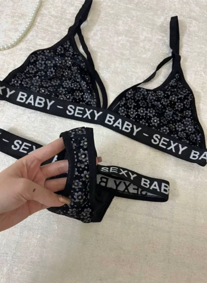 ست شورت و سوتین مشکی گل ریز کد 5511