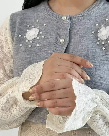 ژاکت بافت آستین کارشده گل و مروارید کد 5309