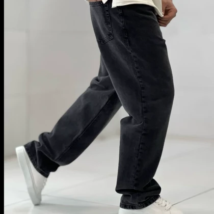 شلوار بگ ذغالی سیر بدون زاپ مردانه پارچه جین کجراه سنگشور گرماژ بالا