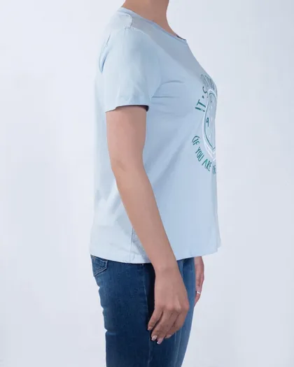 تیشرت آبی زنانه طرح ساعت