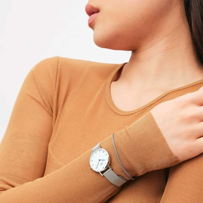 ساعت دنیل ولینگتون زنانه کلاسیک حصیری سیلور سفید ایندکس یونانی DW-5508-L