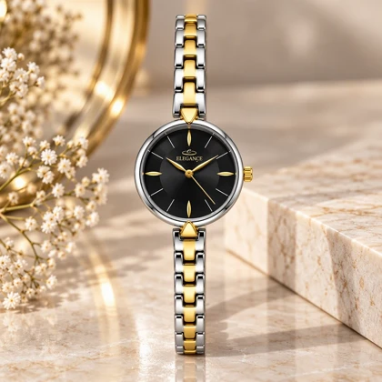 ساعت الگانس زنانه رفرنس EL007 دورنگ طلایی صفحه مشکی Elegance-11491-L