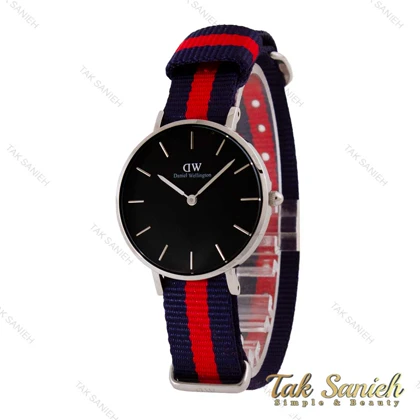 ساعت DW زنانه نقره ای صفحه مشکی بند برزنت سرمه ای قرمز DW-4981-L