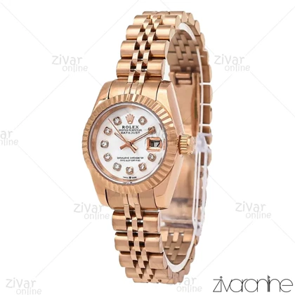 ساعت رولکس دیت جاست زنانه رزگلد سفید ایندکس نگین‌دار اسمال 106736