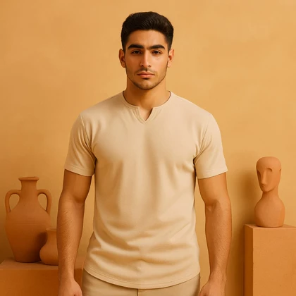 تیشرت آستین کوتاه یقه کوبایی کرم مردانه مدل Asam