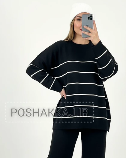 ست بافت راه راه ریز قواره باکسی آستین بلند با شلوار راسته گشاد ساده زنانه کد 1855