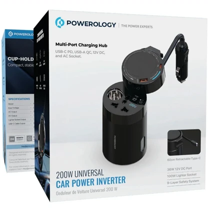 اینورتر خودرو پاورولوژی Powerology مدل PWCPI200WBK توان 200 وات