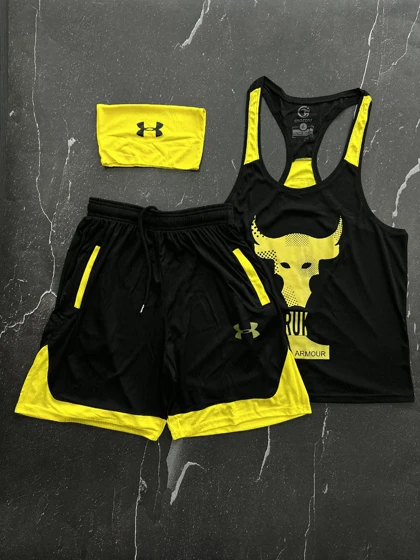 پکیج کد E595 شامل رکابی و شلوارک و اسکارف با تم مشکی زرد🖤💛