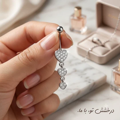 پیرسینگ ناف آویزدار طرح سه قلب نگین‌دار (نقره‌ای)