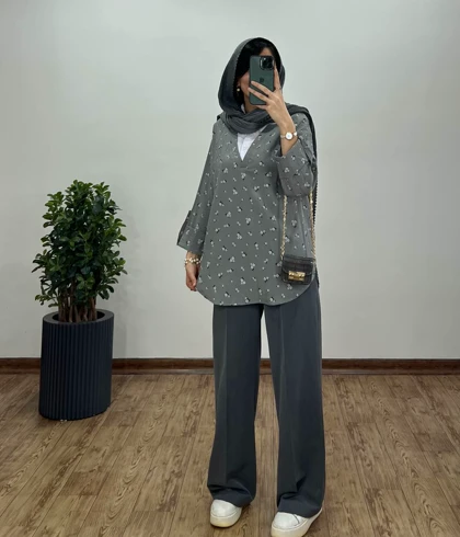 تونیک مانتویی گل‌دار یقه دار 1