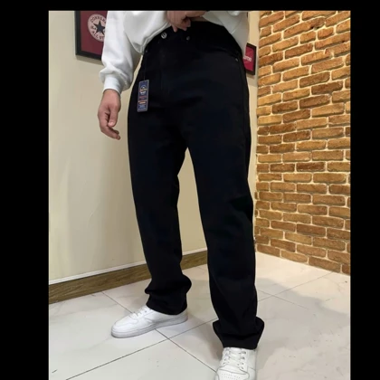 شلوار مام فیت مشکی مردانه پارچه جین کجراه سنگشور کد 756