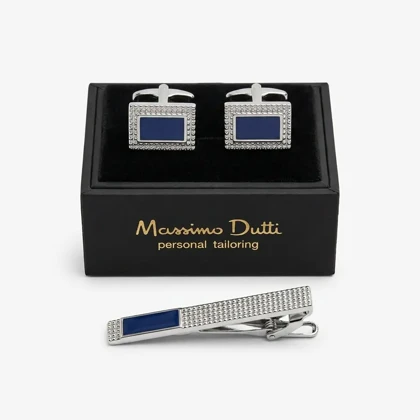 ست دکمه سردست و سنجاق کراوات طرح دندانه ای سرمه ای برند Massimo Dutti