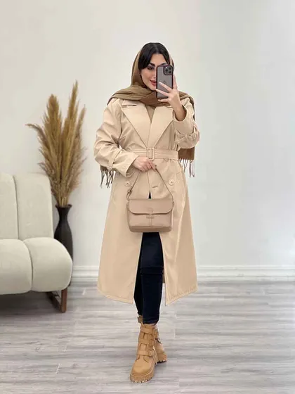 بارانی بلند چهاردکمه کمردار