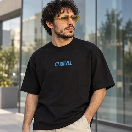 تیشرت مردانه باکسی نخ پنبه طرح نوشته CARNIVAL مشکی پرسیسکا