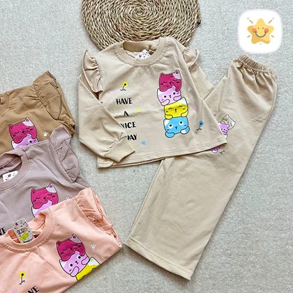 بلوز شلوار دخترانه بگ گربه جنس پنبه برند DENIZ مناسب 2 تا 10 سال