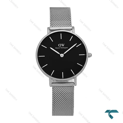 ساعت دنیل ویلنگتون زنانه بند حصیری سیلور صفحه مشکی DW-8029-L