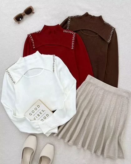 پلیور بافت سرشانه منجوق یقه ایستاده کد 5333