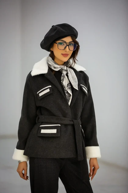 پالتو موهر یقه خز 4 جیب