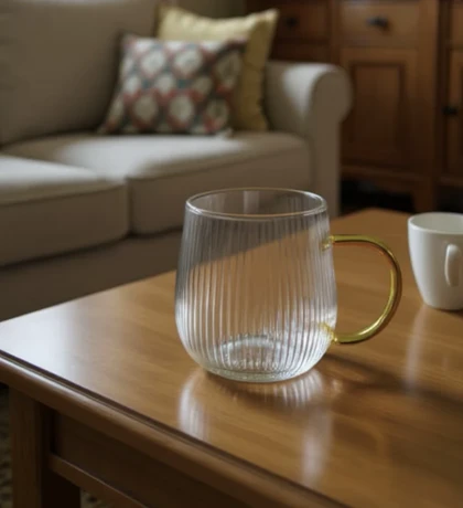 لیوان چای خوری شیاردار دسته عسلی