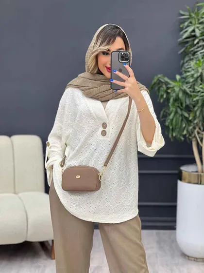 شومیز دو دکمه چوبی آستین پاگن